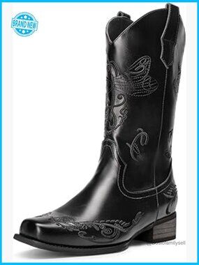 Square Toe Cowboy Boots Low Chunky Heel Mid Calf Western Embroidered Stitched
